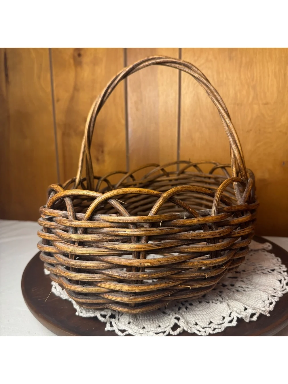 Rustic Woven Rattan Basket With Handle Vintage Farmhouse Gathering Basket